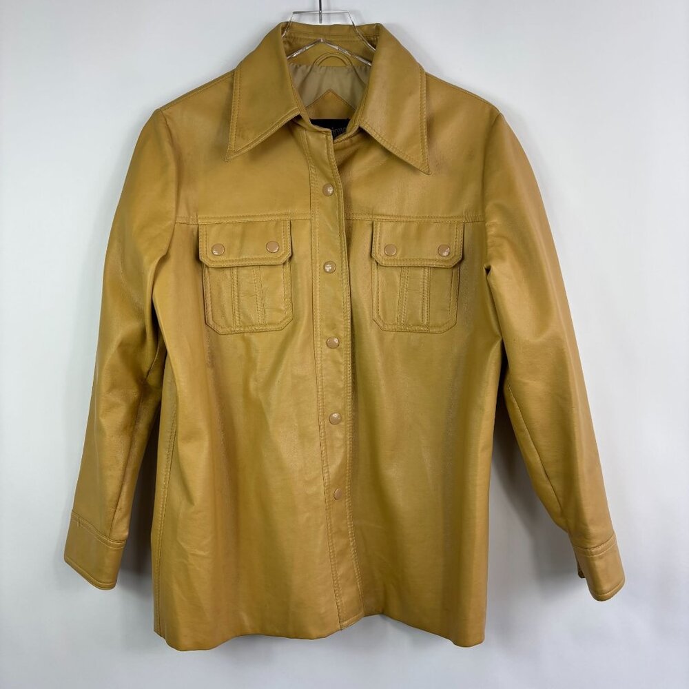 Vintage womens jacket L tan brown Faux leather 70s snap shacket Western cowgirl